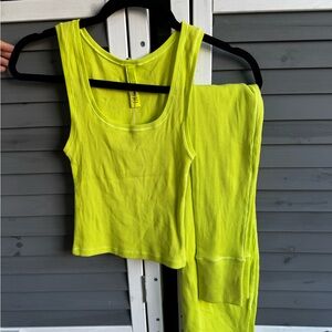 Skims Cotton Ribbed Tank Neon Yellow and Leggings set